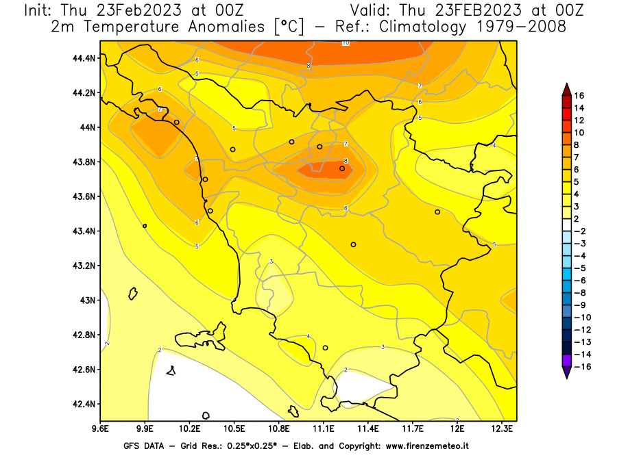 Mappa di analisi GFS - Anomalia Temperatura [°C] a 2 m in Toscana
							del 23/02/2023 00 <!--googleoff: index-->UTC<!--googleon: index-->