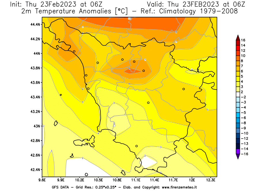 Mappa di analisi GFS - Anomalia Temperatura [°C] a 2 m in Toscana
							del 23/02/2023 06 <!--googleoff: index-->UTC<!--googleon: index-->