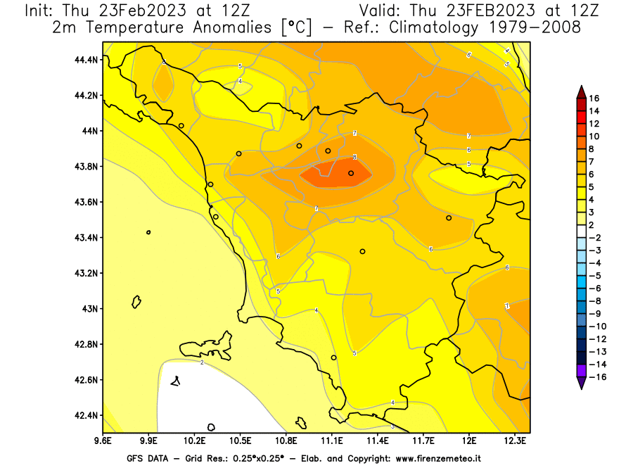 Mappa di analisi GFS - Anomalia Temperatura [°C] a 2 m in Toscana
							del 23/02/2023 12 <!--googleoff: index-->UTC<!--googleon: index-->