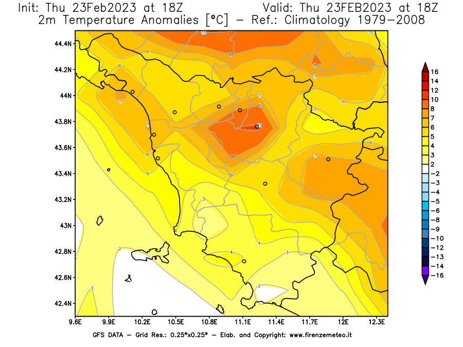 Mappa di analisi GFS - Anomalia Temperatura [°C] a 2 m in Toscana
							del 23/02/2023 18 <!--googleoff: index-->UTC<!--googleon: index-->