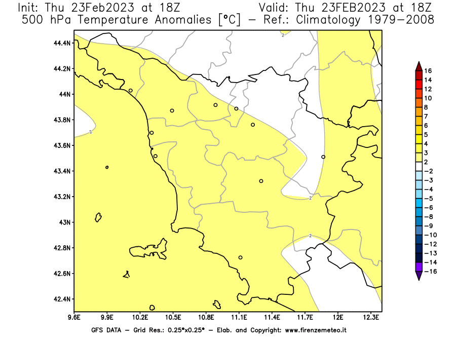 Mappa di analisi GFS - Anomalia Temperatura [°C] a 500 hPa in Toscana
							del 23/02/2023 18 <!--googleoff: index-->UTC<!--googleon: index-->