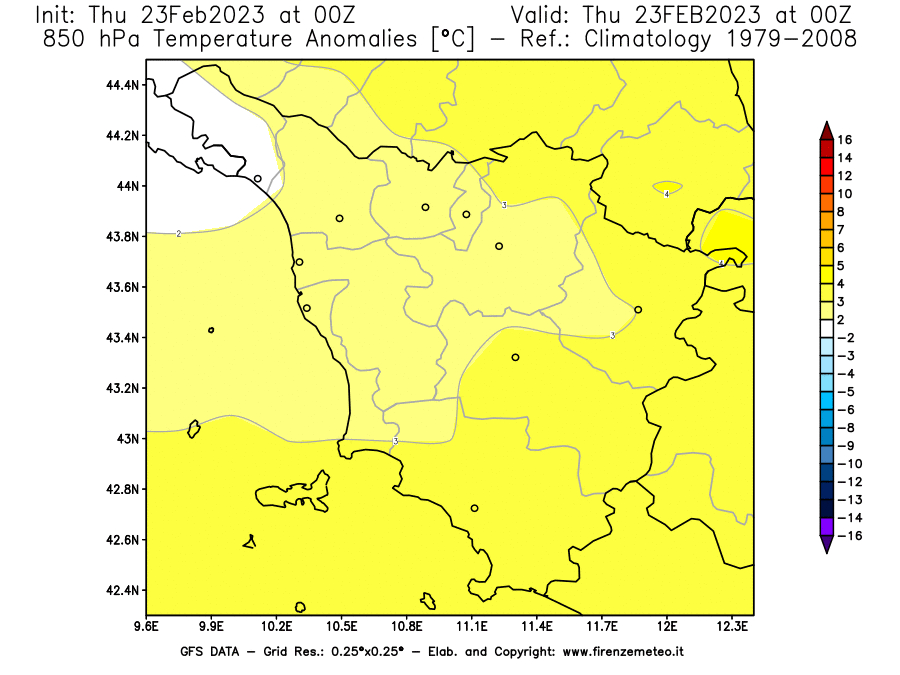 Mappa di analisi GFS - Anomalia Temperatura [°C] a 850 hPa in Toscana
							del 23/02/2023 00 <!--googleoff: index-->UTC<!--googleon: index-->
