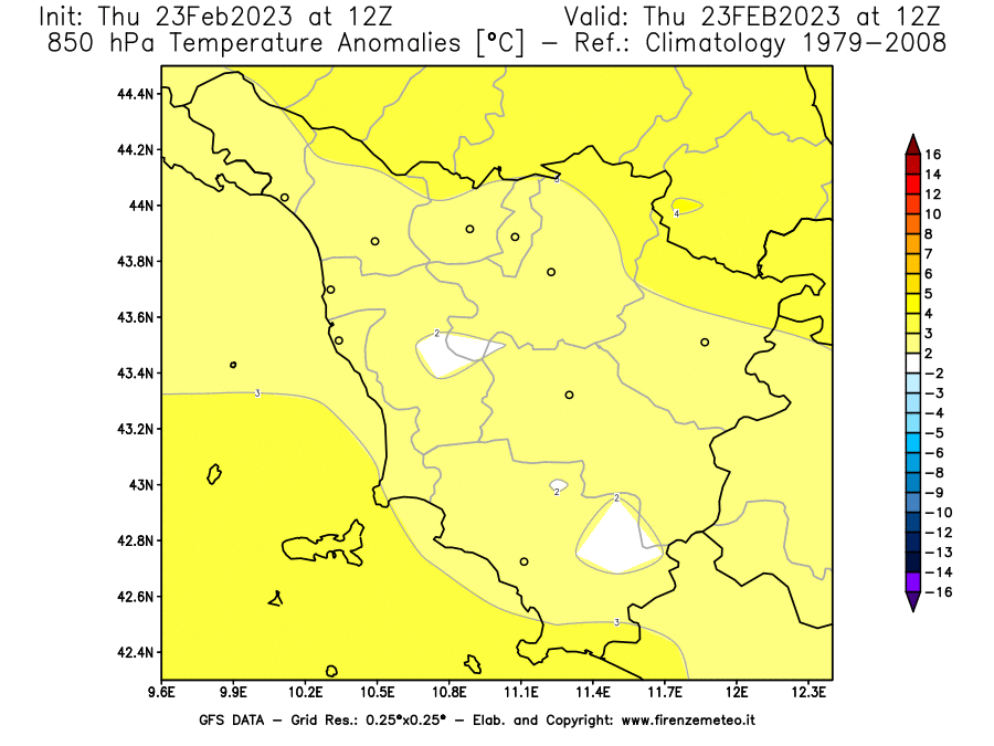 Mappa di analisi GFS - Anomalia Temperatura [°C] a 850 hPa in Toscana
							del 23/02/2023 12 <!--googleoff: index-->UTC<!--googleon: index-->