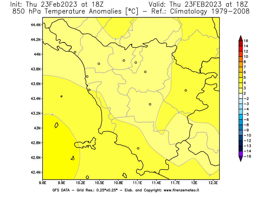 Mappa di analisi GFS - Anomalia Temperatura [°C] a 850 hPa in Toscana
							del 23/02/2023 18 <!--googleoff: index-->UTC<!--googleon: index-->