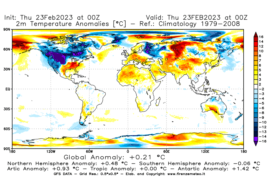 Mappa di analisi GFS - Anomalia Temperatura [°C] a 2 m in World
							del 23/02/2023 00 <!--googleoff: index-->UTC<!--googleon: index-->