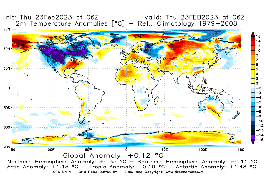 Mappa di analisi GFS - Anomalia Temperatura [°C] a 2 m in World
							del 23/02/2023 06 <!--googleoff: index-->UTC<!--googleon: index-->