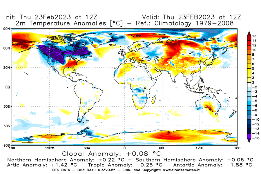 Mappa di analisi GFS - Anomalia Temperatura [°C] a 2 m in World
							del 23/02/2023 12 <!--googleoff: index-->UTC<!--googleon: index-->