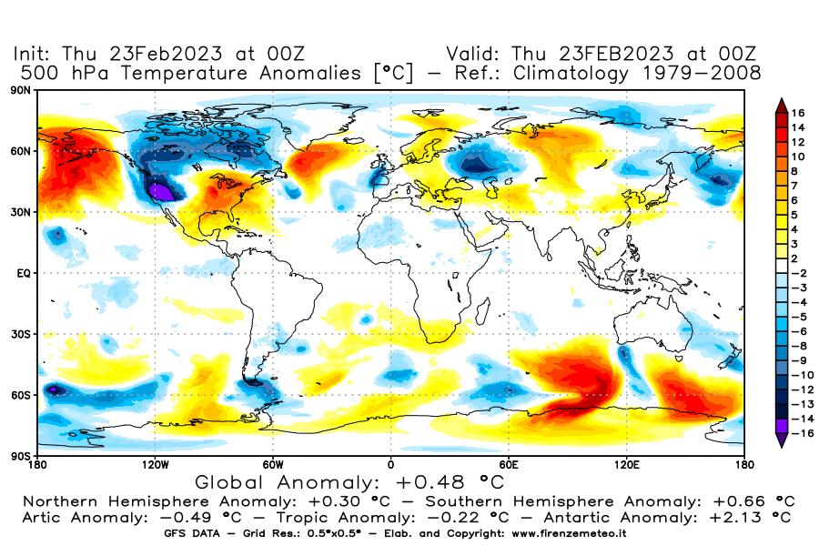 Mappa di analisi GFS - Anomalia Temperatura [°C] a 500 hPa in World
							del 23/02/2023 00 <!--googleoff: index-->UTC<!--googleon: index-->