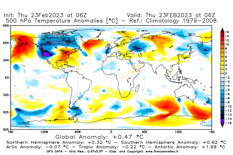 Mappa di analisi GFS - Anomalia Temperatura [°C] a 500 hPa in World
							del 23/02/2023 06 <!--googleoff: index-->UTC<!--googleon: index-->
