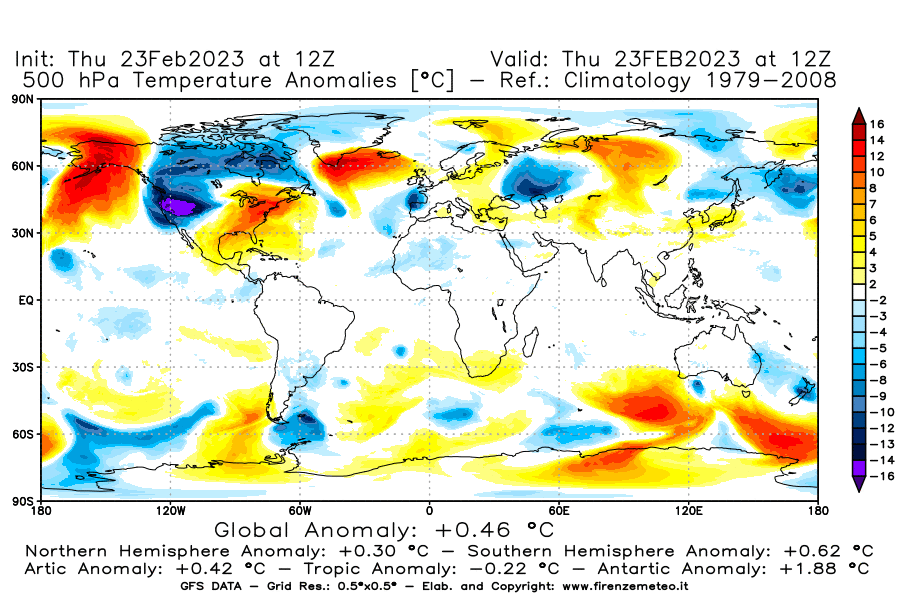 Mappa di analisi GFS - Anomalia Temperatura [°C] a 500 hPa in World
							del 23/02/2023 12 <!--googleoff: index-->UTC<!--googleon: index-->