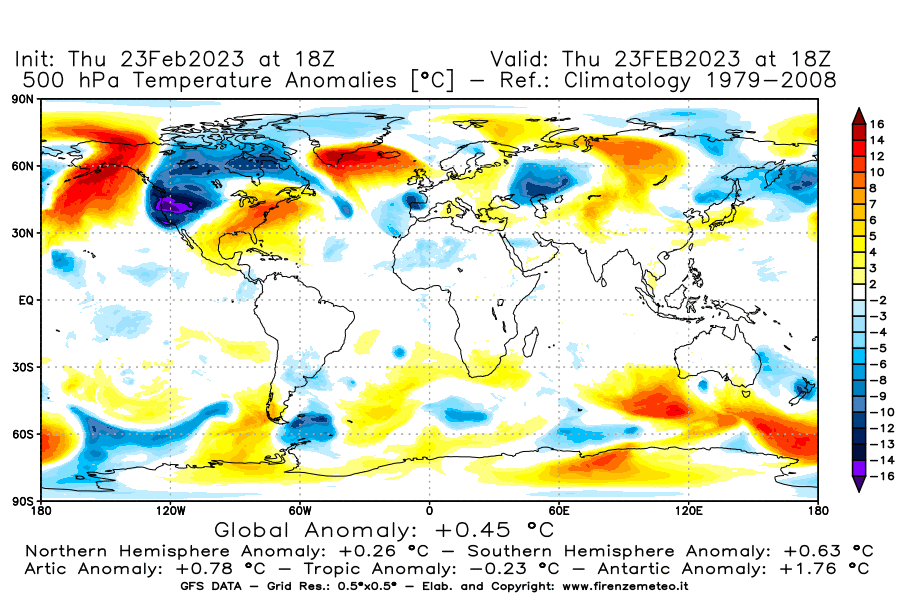 Mappa di analisi GFS - Anomalia Temperatura [°C] a 500 hPa in World
							del 23/02/2023 18 <!--googleoff: index-->UTC<!--googleon: index-->