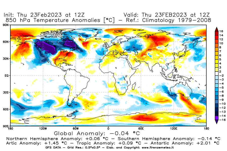 Mappa di analisi GFS - Anomalia Temperatura [°C] a 850 hPa in World
							del 23/02/2023 12 <!--googleoff: index-->UTC<!--googleon: index-->
