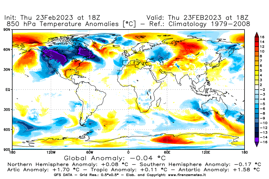 Mappa di analisi GFS - Anomalia Temperatura [°C] a 850 hPa in World
							del 23/02/2023 18 <!--googleoff: index-->UTC<!--googleon: index-->