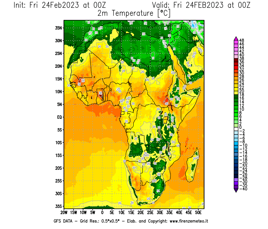 Mappa di analisi GFS - Temperatura a 2 metri dal suolo [°C] in Africa
							del 24/02/2023 00 <!--googleoff: index-->UTC<!--googleon: index-->
