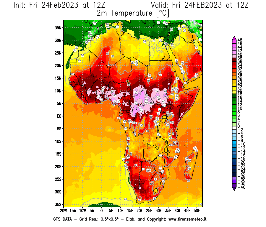 Mappa di analisi GFS - Temperatura a 2 metri dal suolo [°C] in Africa
							del 24/02/2023 12 <!--googleoff: index-->UTC<!--googleon: index-->