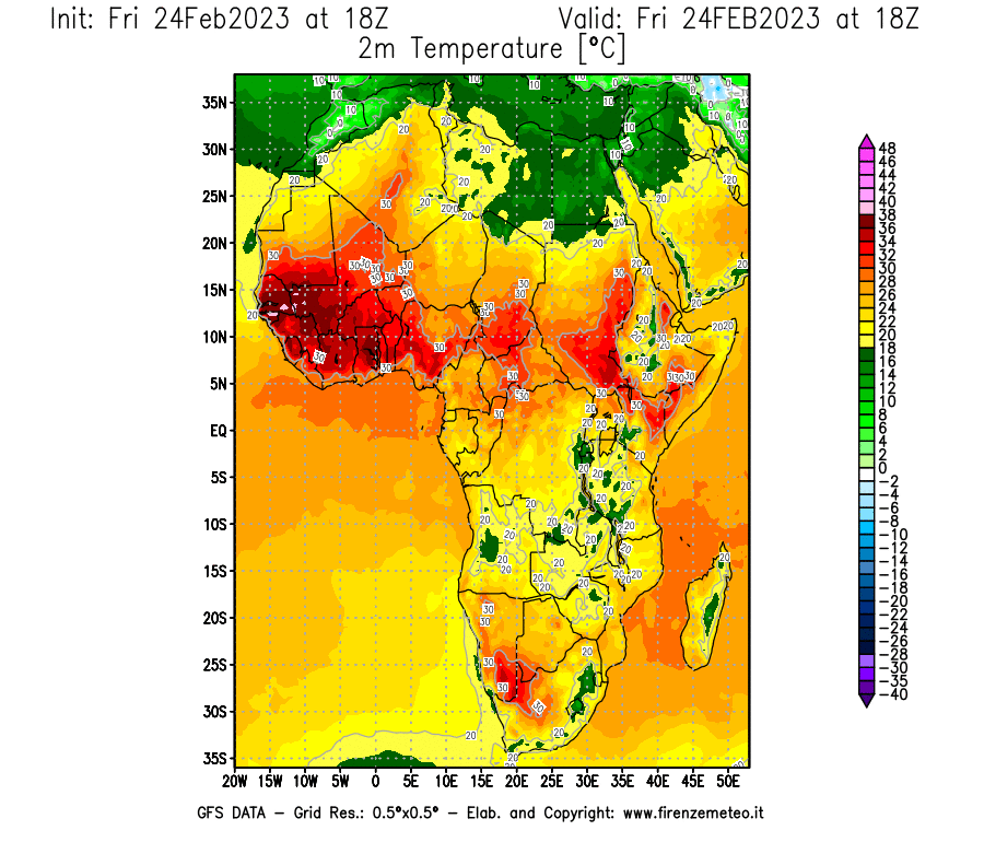 Mappa di analisi GFS - Temperatura a 2 metri dal suolo [°C] in Africa
							del 24/02/2023 18 <!--googleoff: index-->UTC<!--googleon: index-->