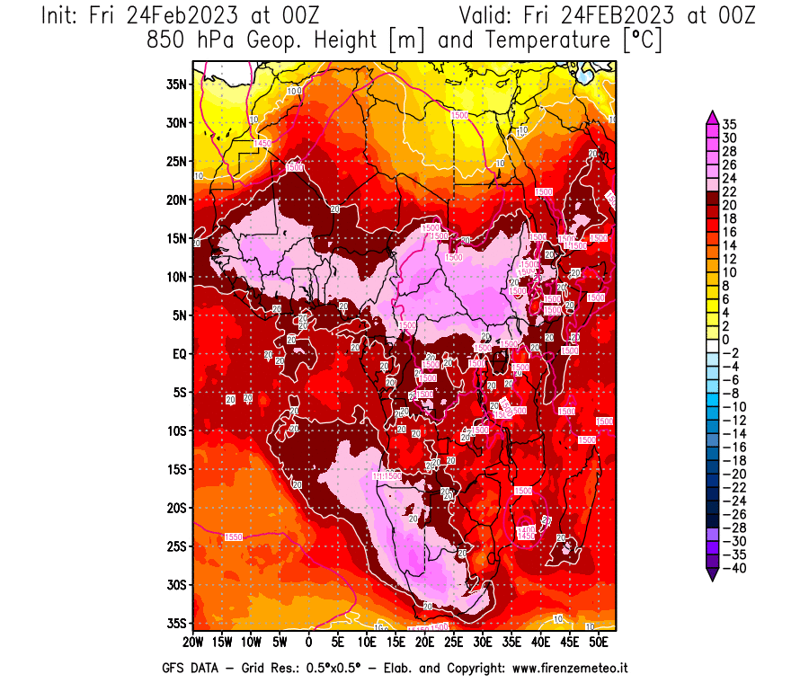 Mappa di analisi GFS - Geopotenziale [m] e Temperatura [°C] a 850 hPa in Africa
							del 24/02/2023 00 <!--googleoff: index-->UTC<!--googleon: index-->