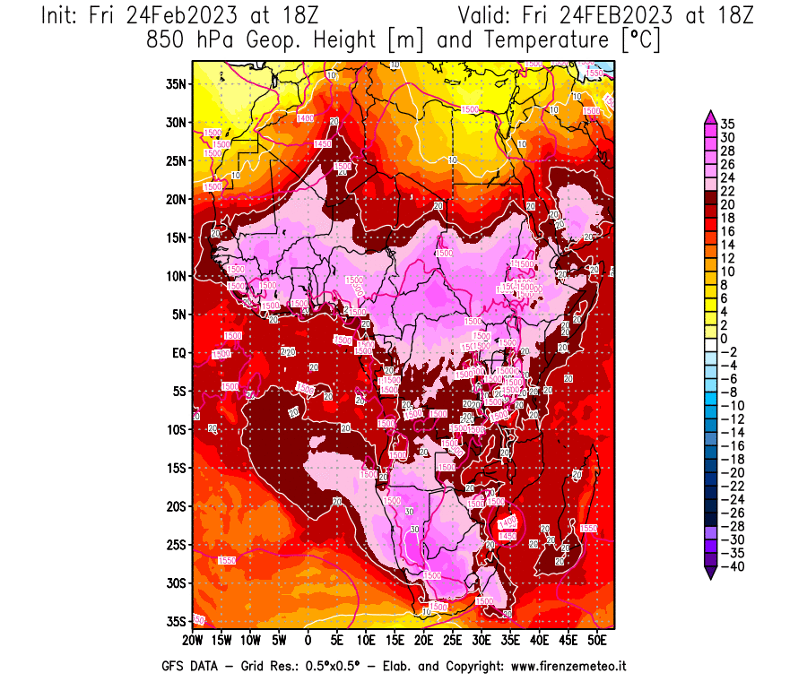 Mappa di analisi GFS - Geopotenziale [m] e Temperatura [°C] a 850 hPa in Africa
							del 24/02/2023 18 <!--googleoff: index-->UTC<!--googleon: index-->