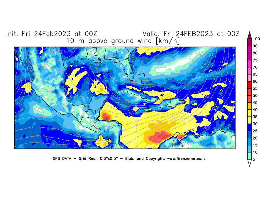 Mappa di analisi GFS - Velocità del vento a 10 metri dal suolo [km/h] in Centro-America
							del 24/02/2023 00 <!--googleoff: index-->UTC<!--googleon: index-->