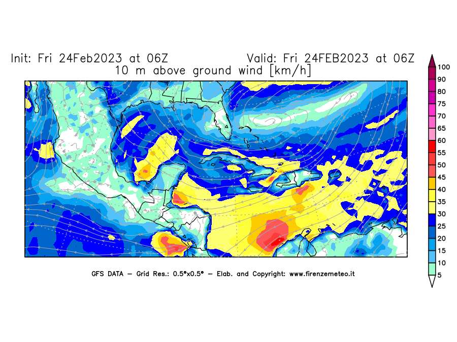 Mappa di analisi GFS - Velocità del vento a 10 metri dal suolo [km/h] in Centro-America
							del 24/02/2023 06 <!--googleoff: index-->UTC<!--googleon: index-->