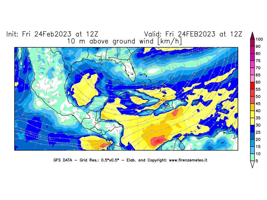 Mappa di analisi GFS - Velocità del vento a 10 metri dal suolo [km/h] in Centro-America
							del 24/02/2023 12 <!--googleoff: index-->UTC<!--googleon: index-->