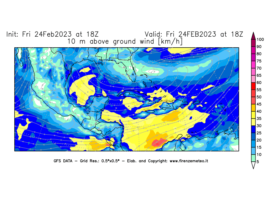 Mappa di analisi GFS - Velocità del vento a 10 metri dal suolo [km/h] in Centro-America
							del 24/02/2023 18 <!--googleoff: index-->UTC<!--googleon: index-->
