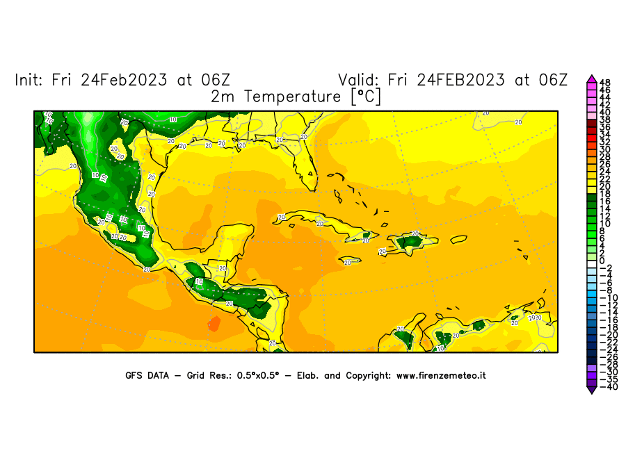Mappa di analisi GFS - Temperatura a 2 metri dal suolo [°C] in Centro-America
							del 24/02/2023 06 <!--googleoff: index-->UTC<!--googleon: index-->