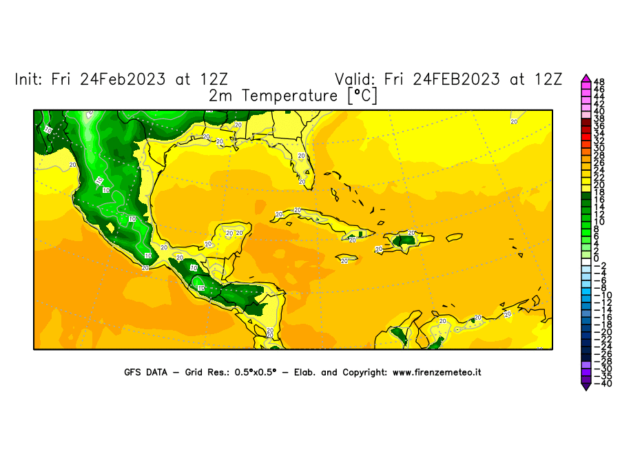 Mappa di analisi GFS - Temperatura a 2 metri dal suolo [°C] in Centro-America
							del 24/02/2023 12 <!--googleoff: index-->UTC<!--googleon: index-->