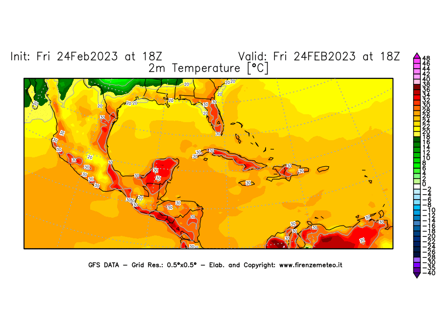 Mappa di analisi GFS - Temperatura a 2 metri dal suolo [°C] in Centro-America
							del 24/02/2023 18 <!--googleoff: index-->UTC<!--googleon: index-->