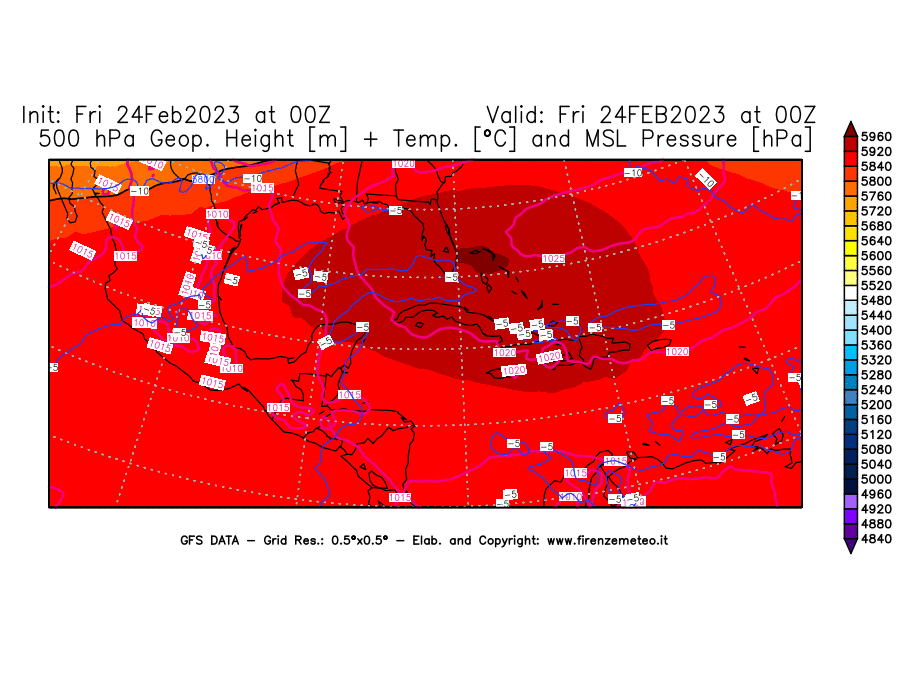 Mappa di analisi GFS - Geopotenziale [m] + Temp. [°C] a 500 hPa + Press. a livello del mare [hPa] in Centro-America
							del 24/02/2023 00 <!--googleoff: index-->UTC<!--googleon: index-->