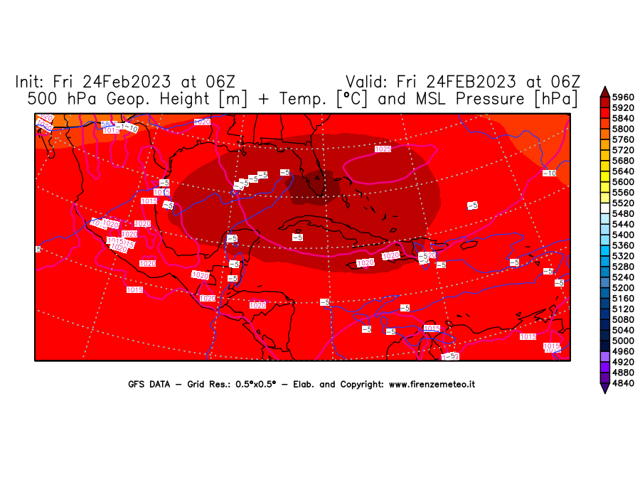 Mappa di analisi GFS - Geopotenziale [m] + Temp. [°C] a 500 hPa + Press. a livello del mare [hPa] in Centro-America
							del 24/02/2023 06 <!--googleoff: index-->UTC<!--googleon: index-->