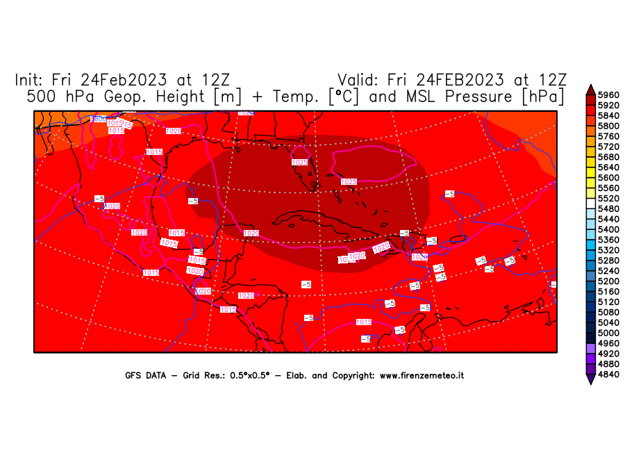 Mappa di analisi GFS - Geopotenziale [m] + Temp. [°C] a 500 hPa + Press. a livello del mare [hPa] in Centro-America
							del 24/02/2023 12 <!--googleoff: index-->UTC<!--googleon: index-->