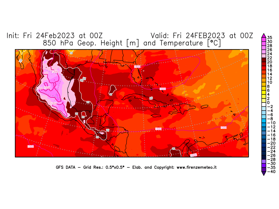 Mappa di analisi GFS - Geopotenziale [m] e Temperatura [°C] a 850 hPa in Centro-America
							del 24/02/2023 00 <!--googleoff: index-->UTC<!--googleon: index-->