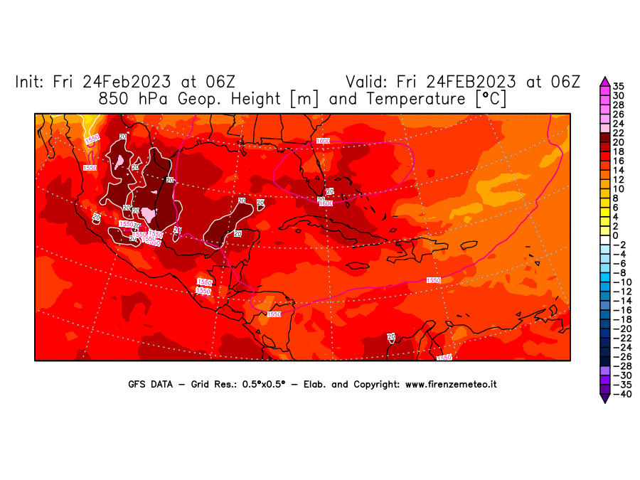 Mappa di analisi GFS - Geopotenziale [m] e Temperatura [°C] a 850 hPa in Centro-America
							del 24/02/2023 06 <!--googleoff: index-->UTC<!--googleon: index-->