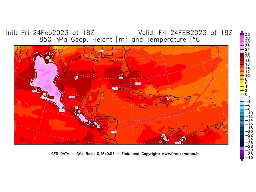 Mappa di analisi GFS - Geopotenziale [m] e Temperatura [°C] a 850 hPa in Centro-America
							del 24/02/2023 18 <!--googleoff: index-->UTC<!--googleon: index-->