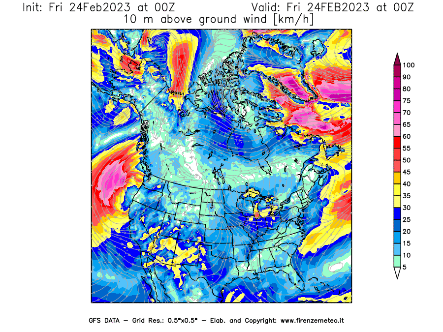 Mappa di analisi GFS - Velocità del vento a 10 metri dal suolo [km/h] in Nord-America
							del 24/02/2023 00 <!--googleoff: index-->UTC<!--googleon: index-->