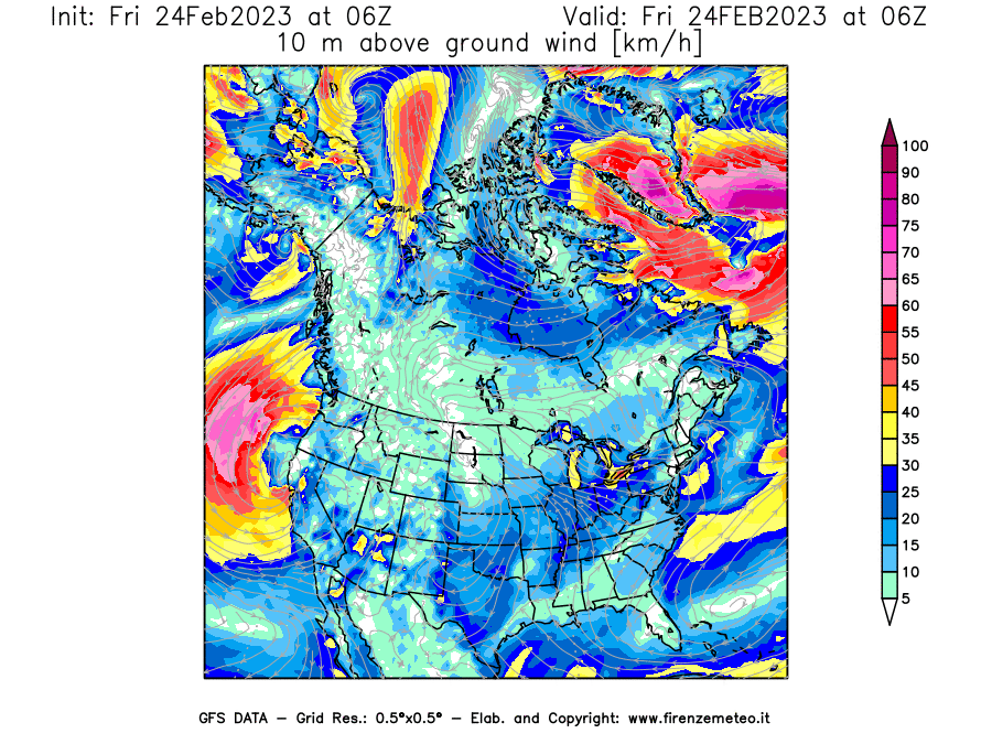 Mappa di analisi GFS - Velocità del vento a 10 metri dal suolo [km/h] in Nord-America
							del 24/02/2023 06 <!--googleoff: index-->UTC<!--googleon: index-->