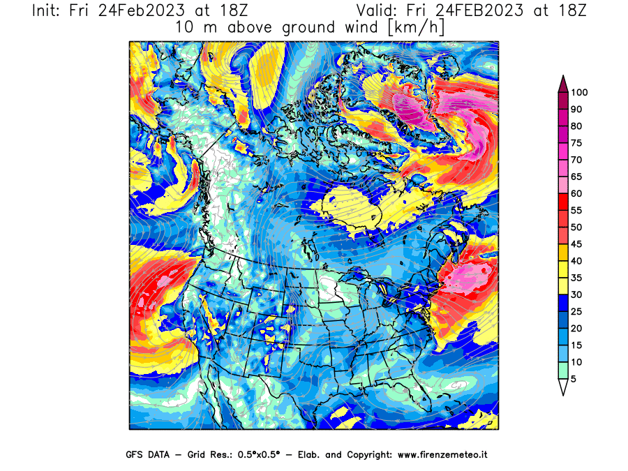 Mappa di analisi GFS - Velocità del vento a 10 metri dal suolo [km/h] in Nord-America
							del 24/02/2023 18 <!--googleoff: index-->UTC<!--googleon: index-->