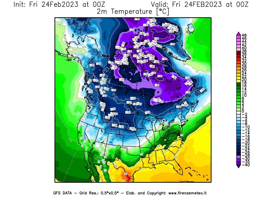 Mappa di analisi GFS - Temperatura a 2 metri dal suolo [°C] in Nord-America
							del 24/02/2023 00 <!--googleoff: index-->UTC<!--googleon: index-->