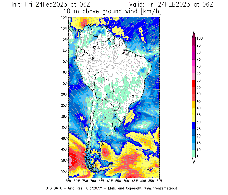 Mappa di analisi GFS - Velocità del vento a 10 metri dal suolo [km/h] in Sud-America
							del 24/02/2023 06 <!--googleoff: index-->UTC<!--googleon: index-->