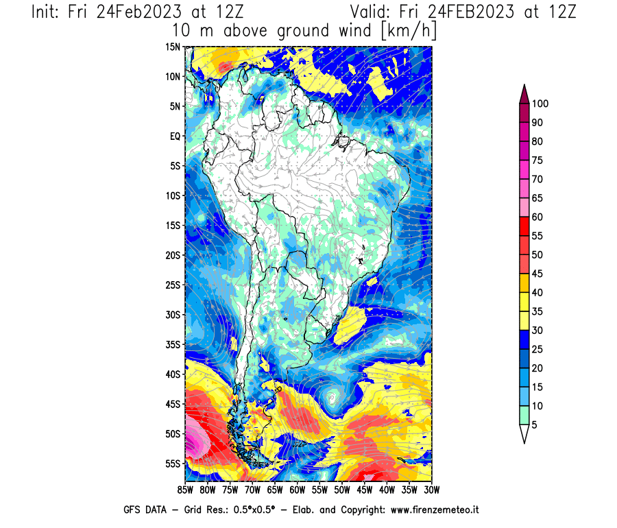 Mappa di analisi GFS - Velocità del vento a 10 metri dal suolo [km/h] in Sud-America
							del 24/02/2023 12 <!--googleoff: index-->UTC<!--googleon: index-->