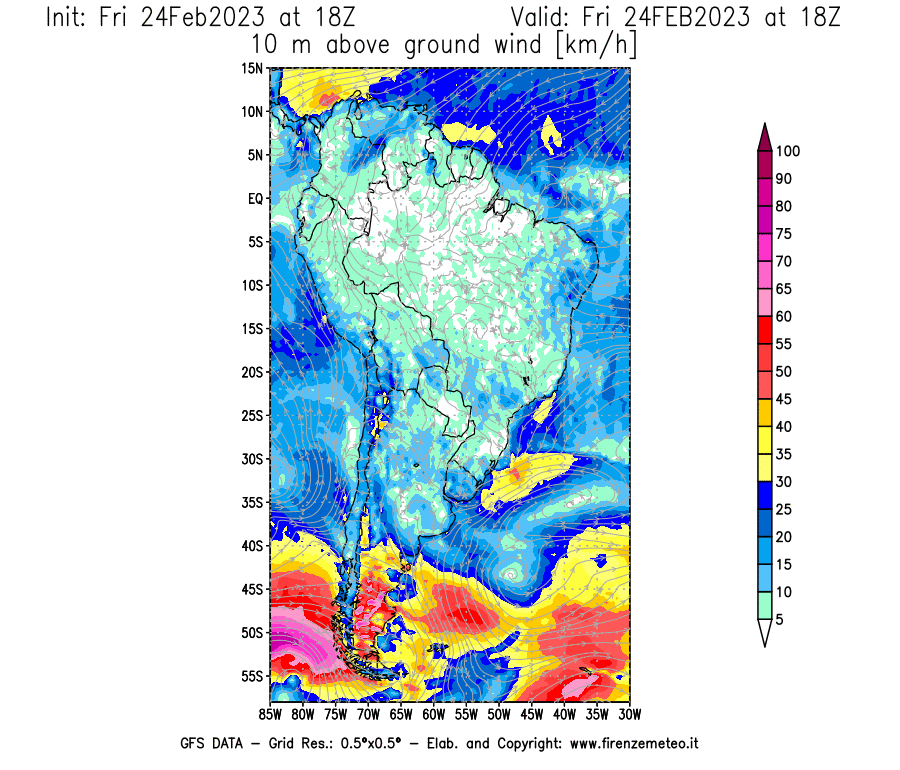 Mappa di analisi GFS - Velocità del vento a 10 metri dal suolo [km/h] in Sud-America
							del 24/02/2023 18 <!--googleoff: index-->UTC<!--googleon: index-->