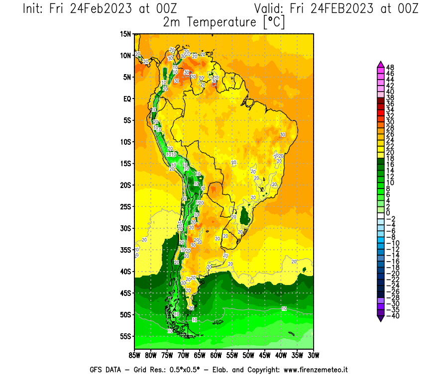 Mappa di analisi GFS - Temperatura a 2 metri dal suolo [°C] in Sud-America
							del 24/02/2023 00 <!--googleoff: index-->UTC<!--googleon: index-->
