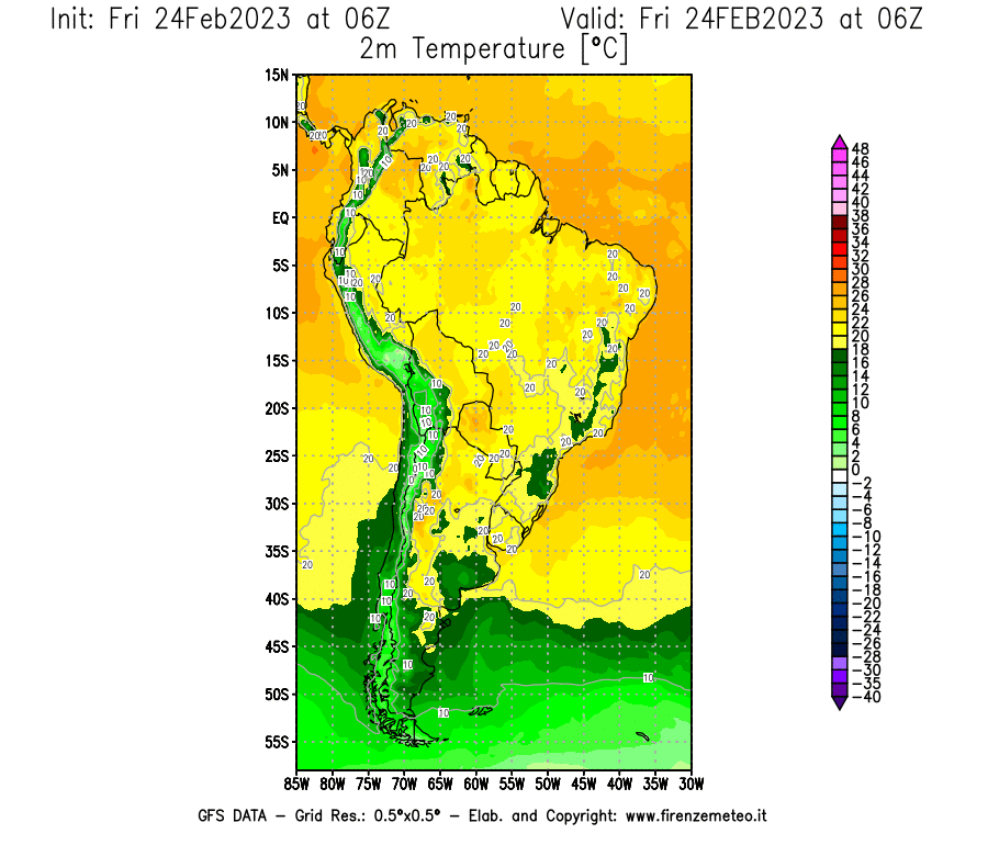 Mappa di analisi GFS - Temperatura a 2 metri dal suolo [°C] in Sud-America
							del 24/02/2023 06 <!--googleoff: index-->UTC<!--googleon: index-->