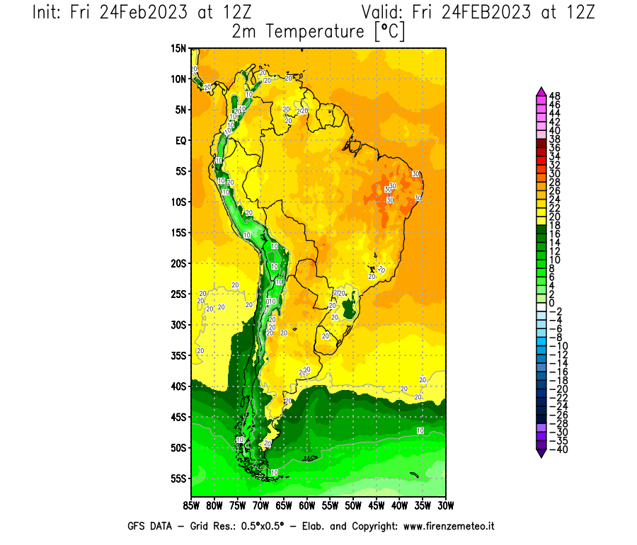 Mappa di analisi GFS - Temperatura a 2 metri dal suolo [°C] in Sud-America
							del 24/02/2023 12 <!--googleoff: index-->UTC<!--googleon: index-->