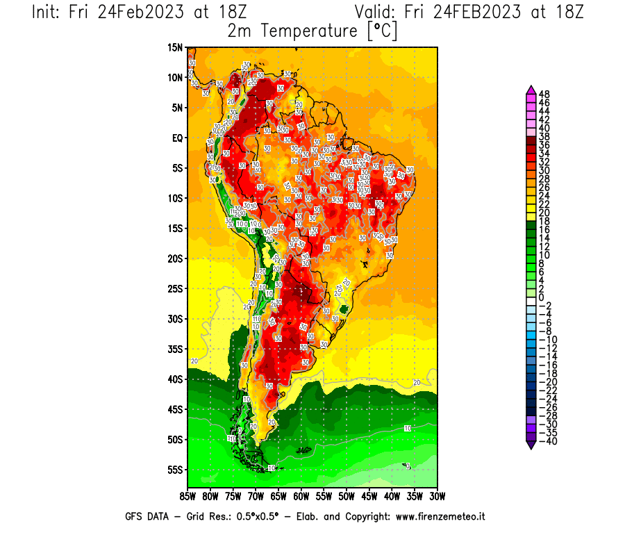 Mappa di analisi GFS - Temperatura a 2 metri dal suolo [°C] in Sud-America
							del 24/02/2023 18 <!--googleoff: index-->UTC<!--googleon: index-->