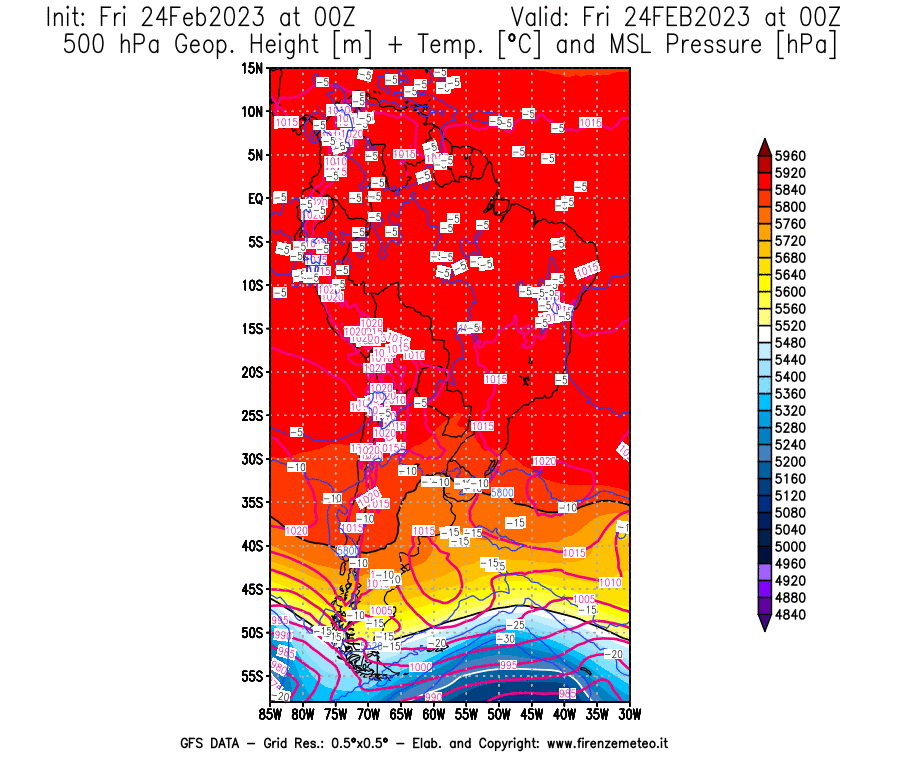 Mappa di analisi GFS - Geopotenziale [m] + Temp. [°C] a 500 hPa + Press. a livello del mare [hPa] in Sud-America
							del 24/02/2023 00 <!--googleoff: index-->UTC<!--googleon: index-->