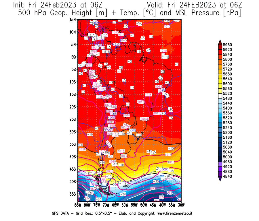 Mappa di analisi GFS - Geopotenziale [m] + Temp. [°C] a 500 hPa + Press. a livello del mare [hPa] in Sud-America
							del 24/02/2023 06 <!--googleoff: index-->UTC<!--googleon: index-->