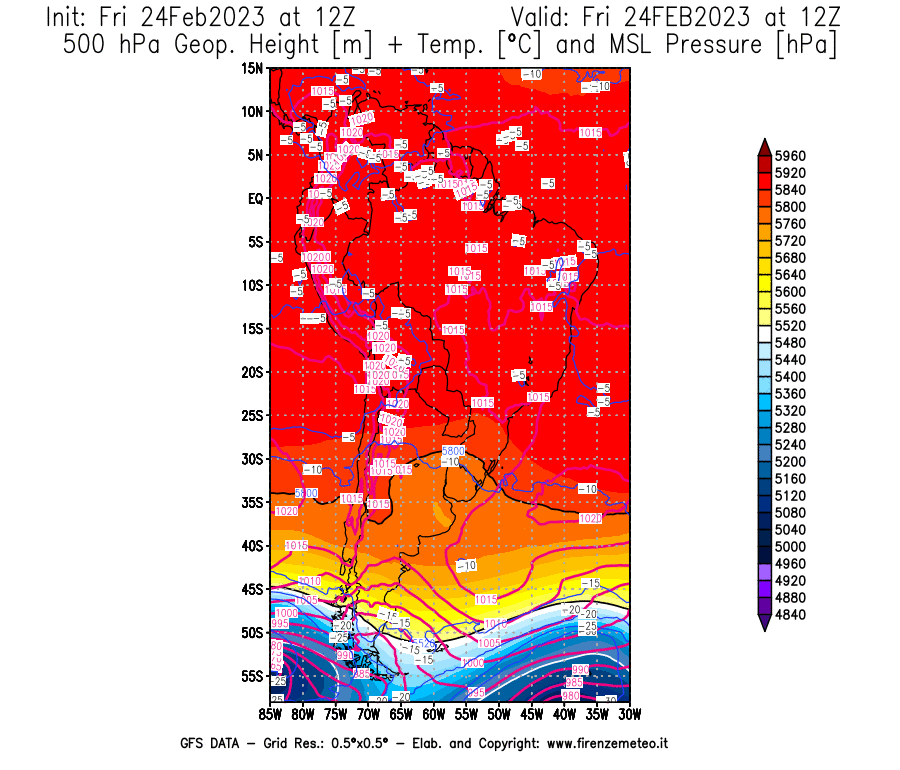 Mappa di analisi GFS - Geopotenziale [m] + Temp. [°C] a 500 hPa + Press. a livello del mare [hPa] in Sud-America
							del 24/02/2023 12 <!--googleoff: index-->UTC<!--googleon: index-->