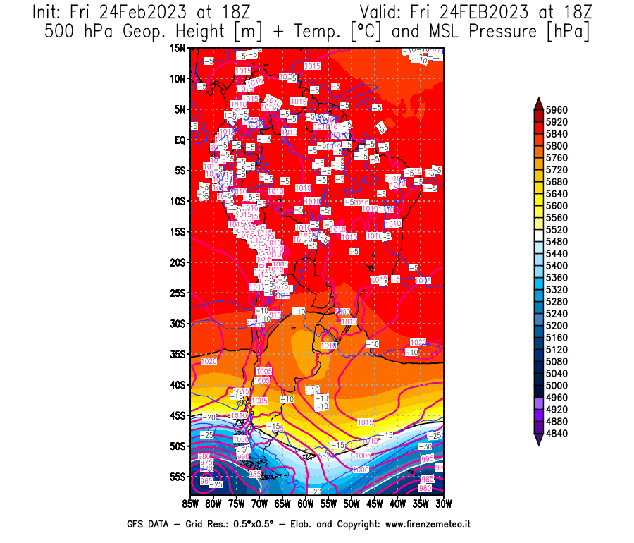 Mappa di analisi GFS - Geopotenziale [m] + Temp. [°C] a 500 hPa + Press. a livello del mare [hPa] in Sud-America
							del 24/02/2023 18 <!--googleoff: index-->UTC<!--googleon: index-->